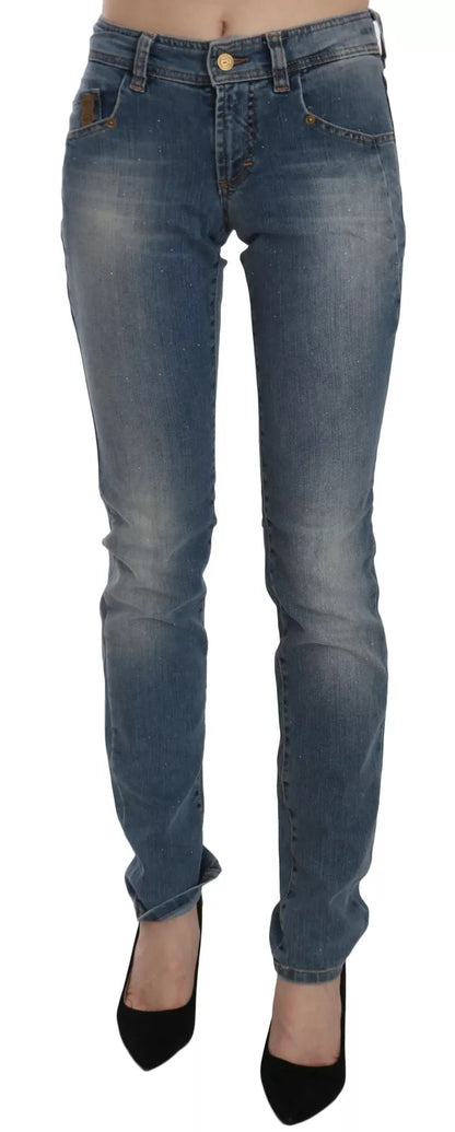 Blue Washed Mid Waist Skinny Casual Denim Pants