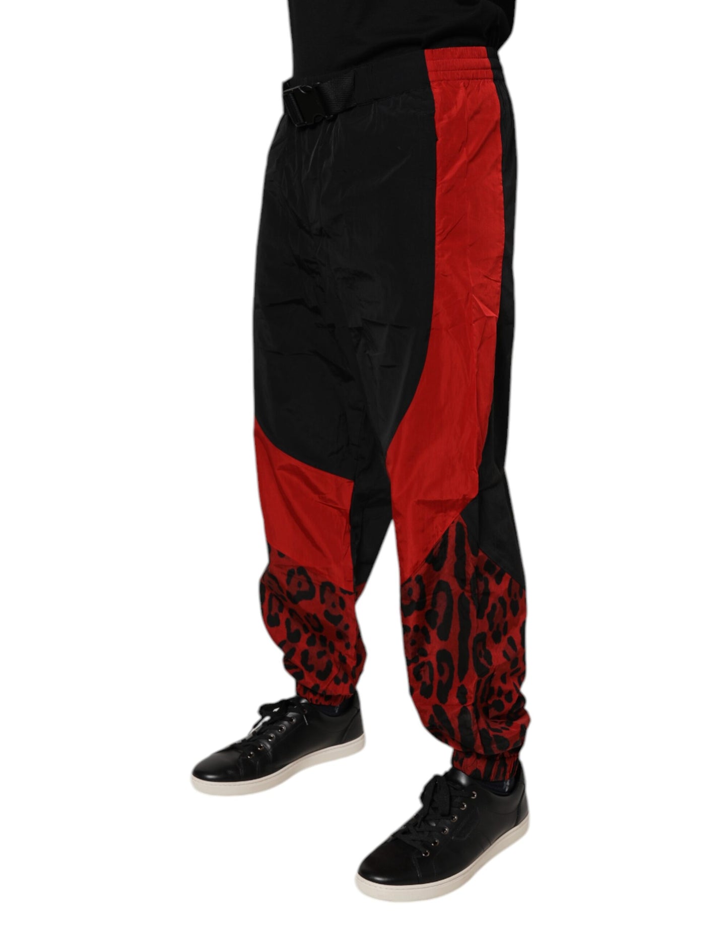 Black Red Leopard Print Nylon Jogger Pants