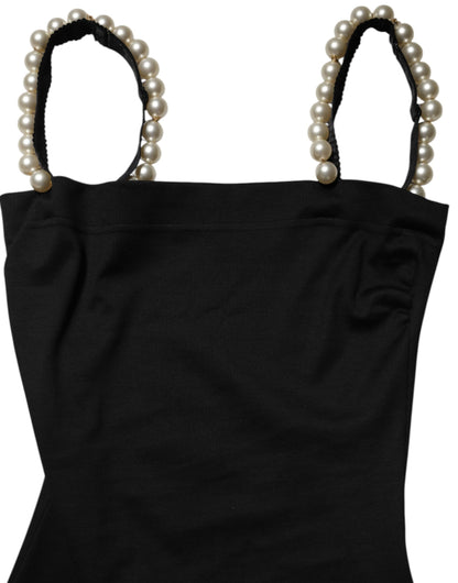 Black Faux Pearl Cotton Sheath Mini Dress