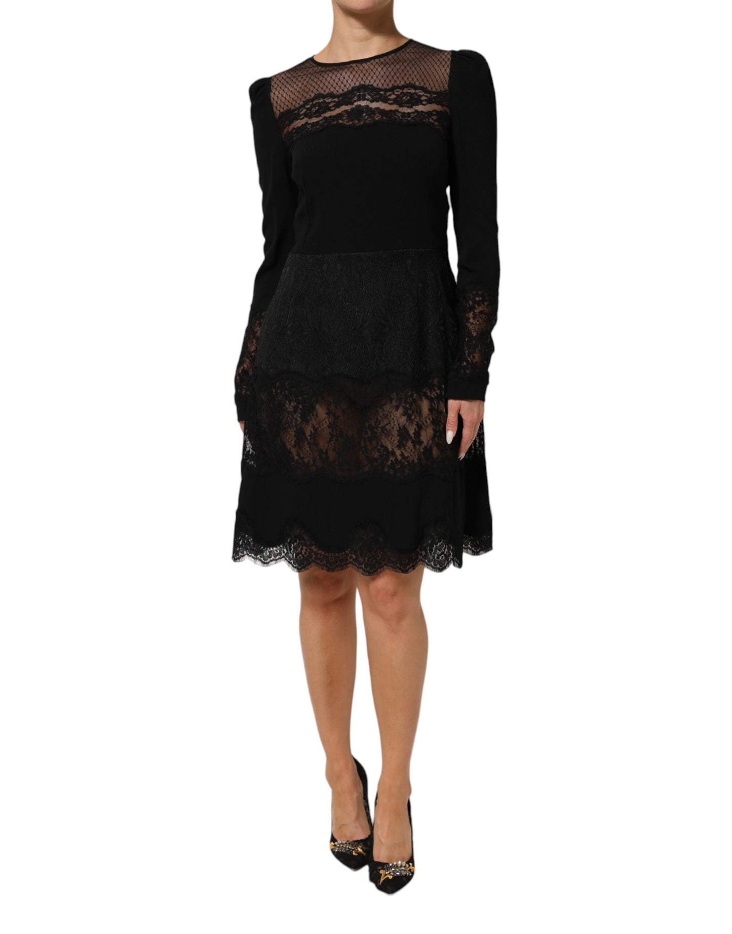 Black Floral Lace Trim Sheath A-line Dress