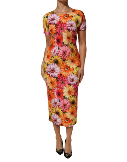 Multicolor Floral Print SilkSheath Midi Dress