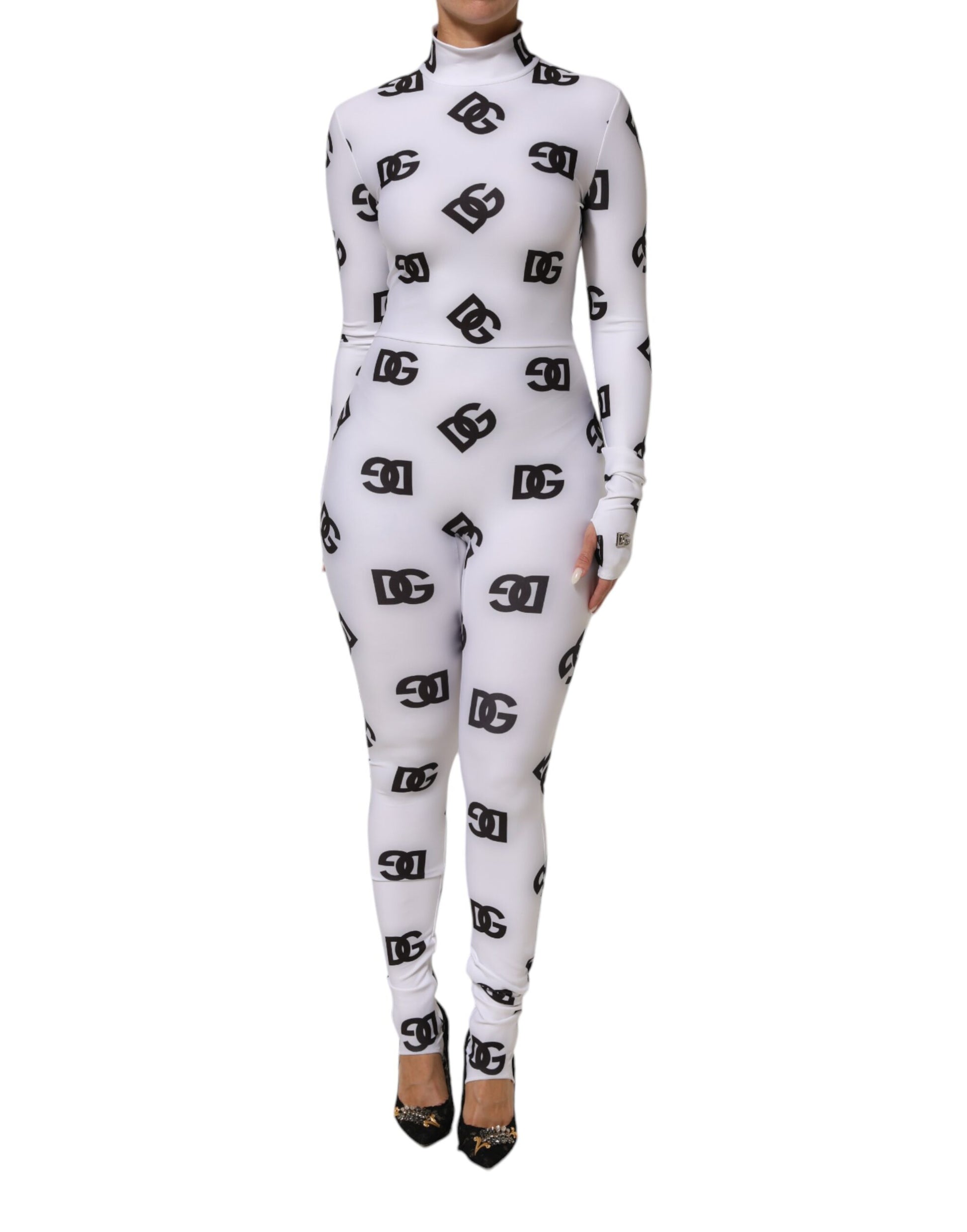 Black White Logo Monogram Long Sleeves Jumpsuit Dress