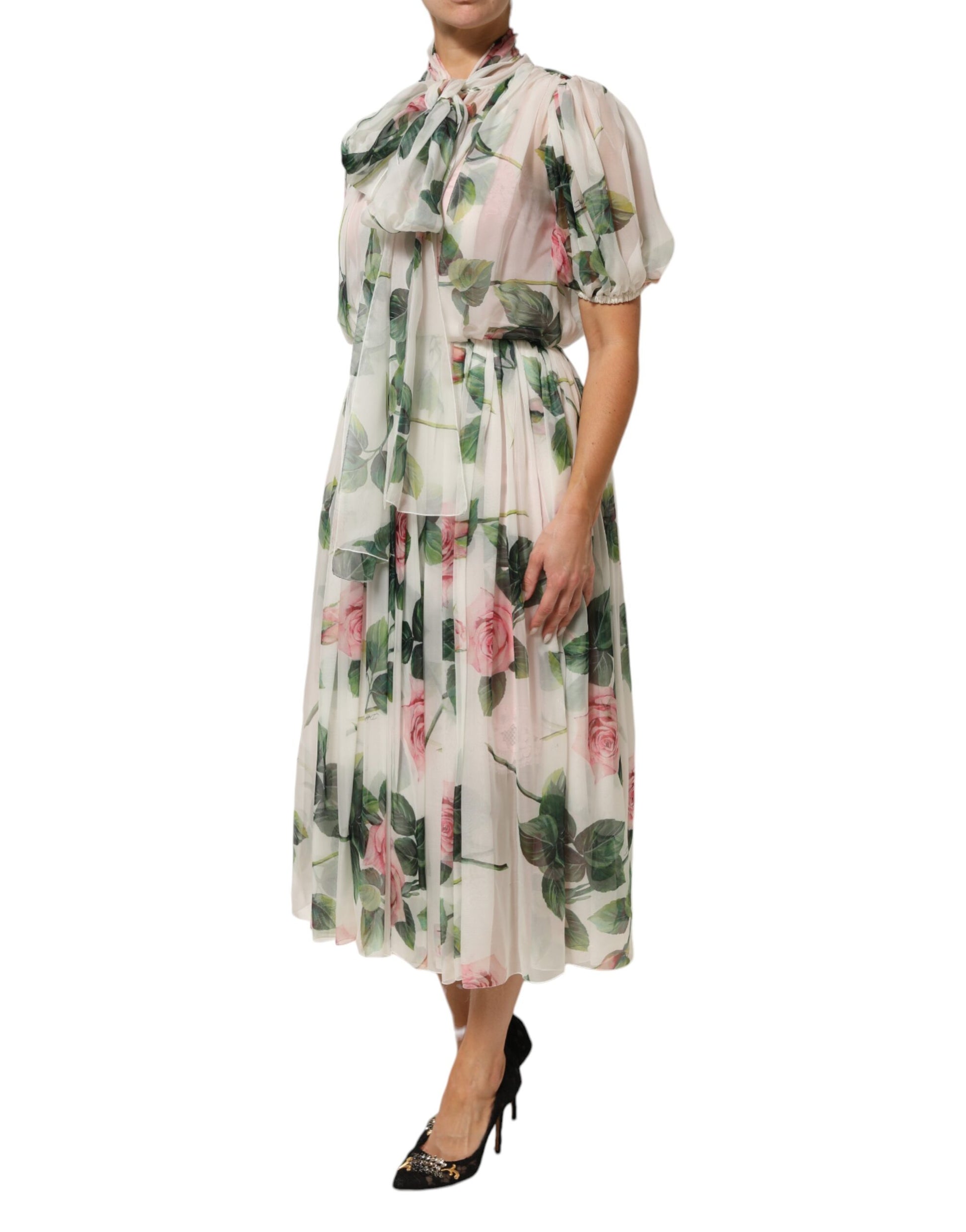 White Floral Print Silk Pleated Midi Dress
