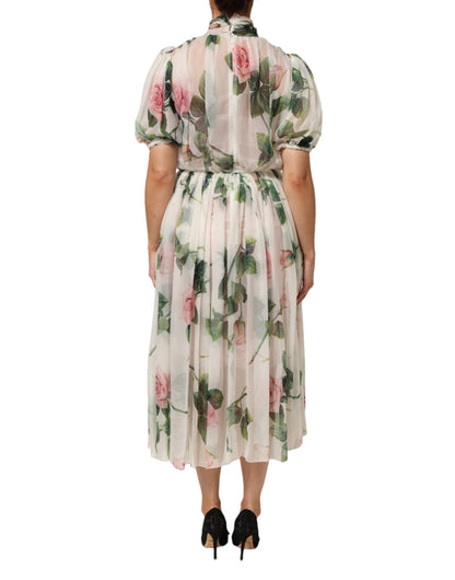 White Floral Print Silk Pleated Midi Dress