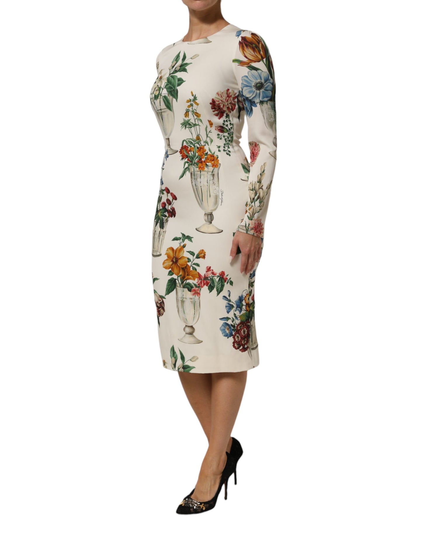 White Flower Vase Silk Sheath Midi Dress