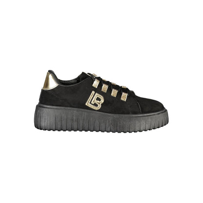 Black Polyester Women Sneaker with Gold Detail and Rhinestone Accents