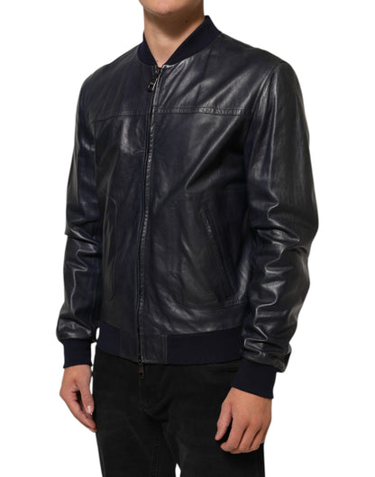 Blue Leather Full Zip Biker Blouson Jacket