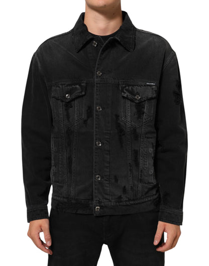 Black Cotton Stretch Denim Blouson Jacket
