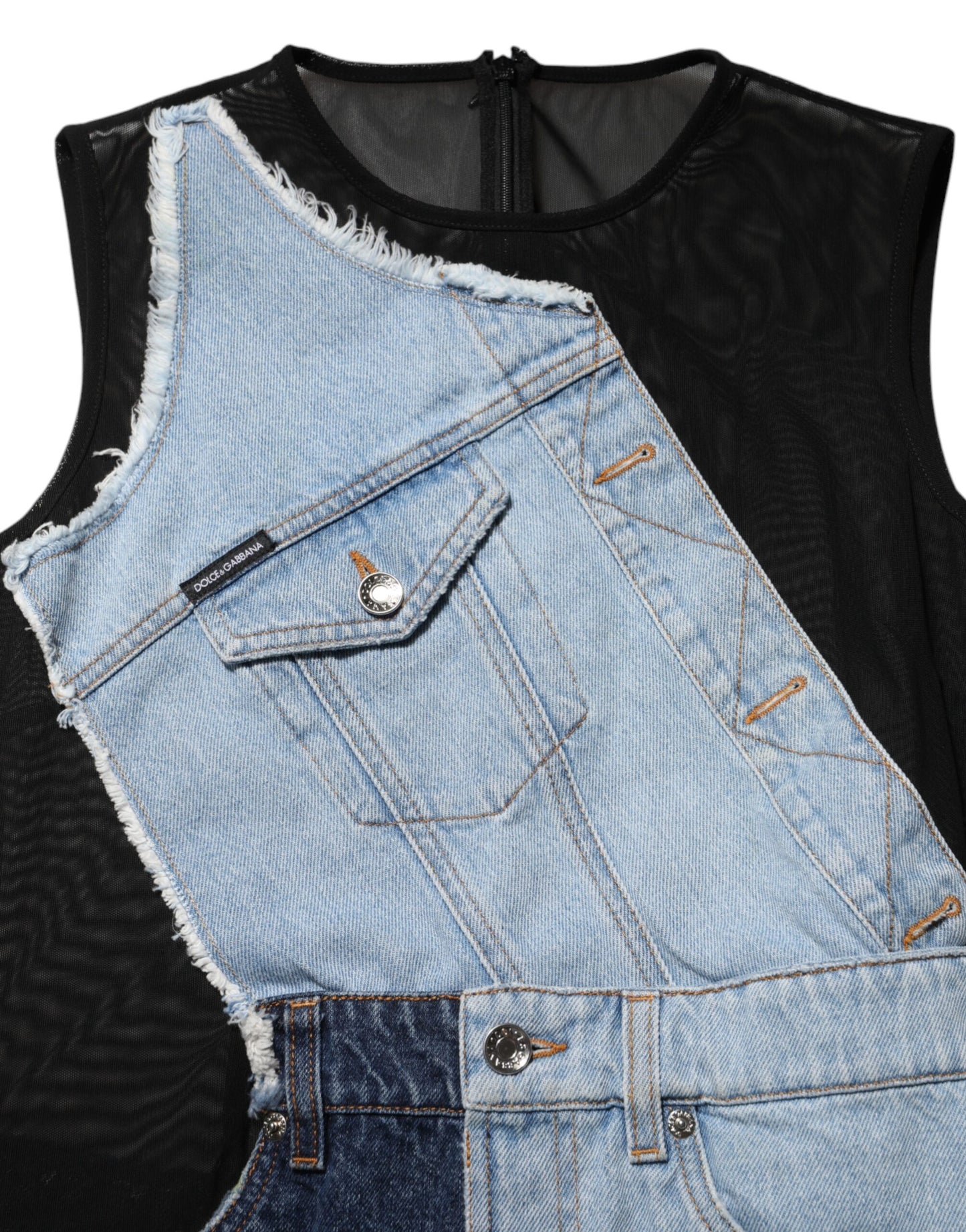 Blue Nylon Patchwork Denim Sheath Mini Dress