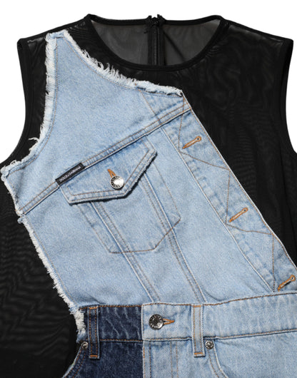 Blue Nylon Patchwork Denim Sheath Mini Dress