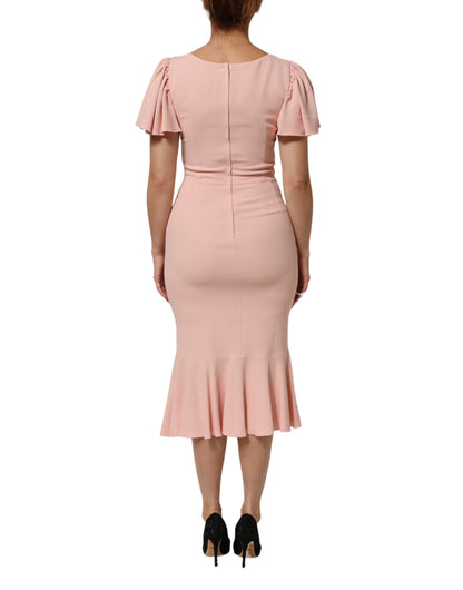 Pink Viscose Short Sleeves Sheath Midi Dress