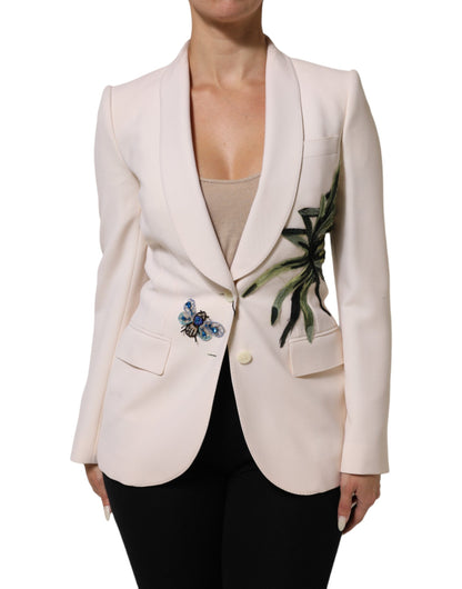 Beige Embroidered Single Breasted Jacket
