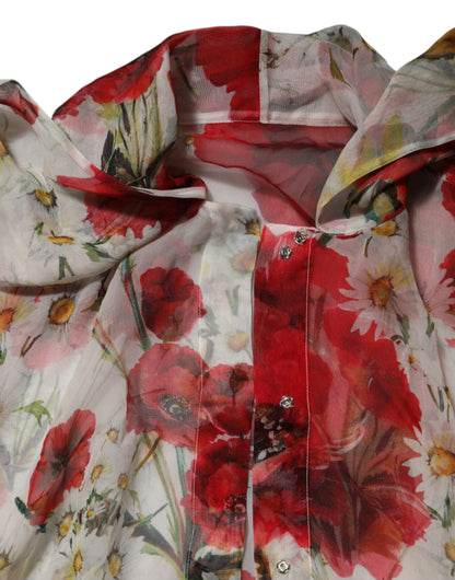 White Floral Tie-Neck Poppy Print Blouse Top