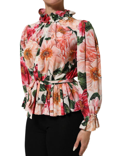 Pink Floral Printed Silk Ruffled Blouse Top