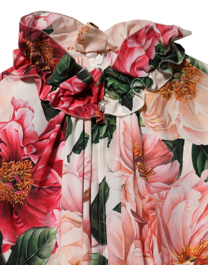 Pink Floral Printed Silk Ruffled Blouse Top