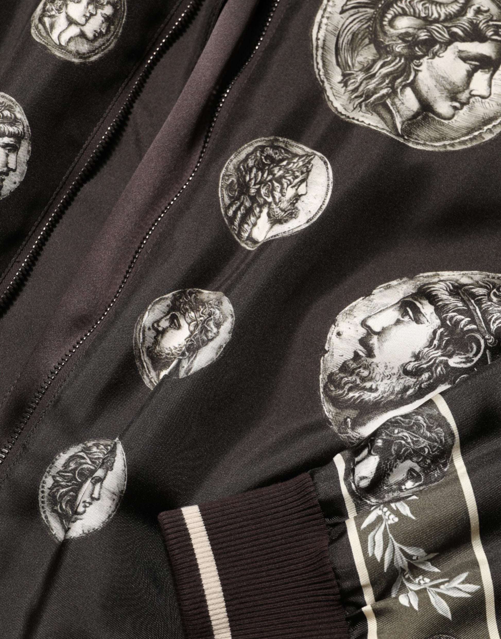 Black "Monete" Coin Print Silk Bomber Jacket