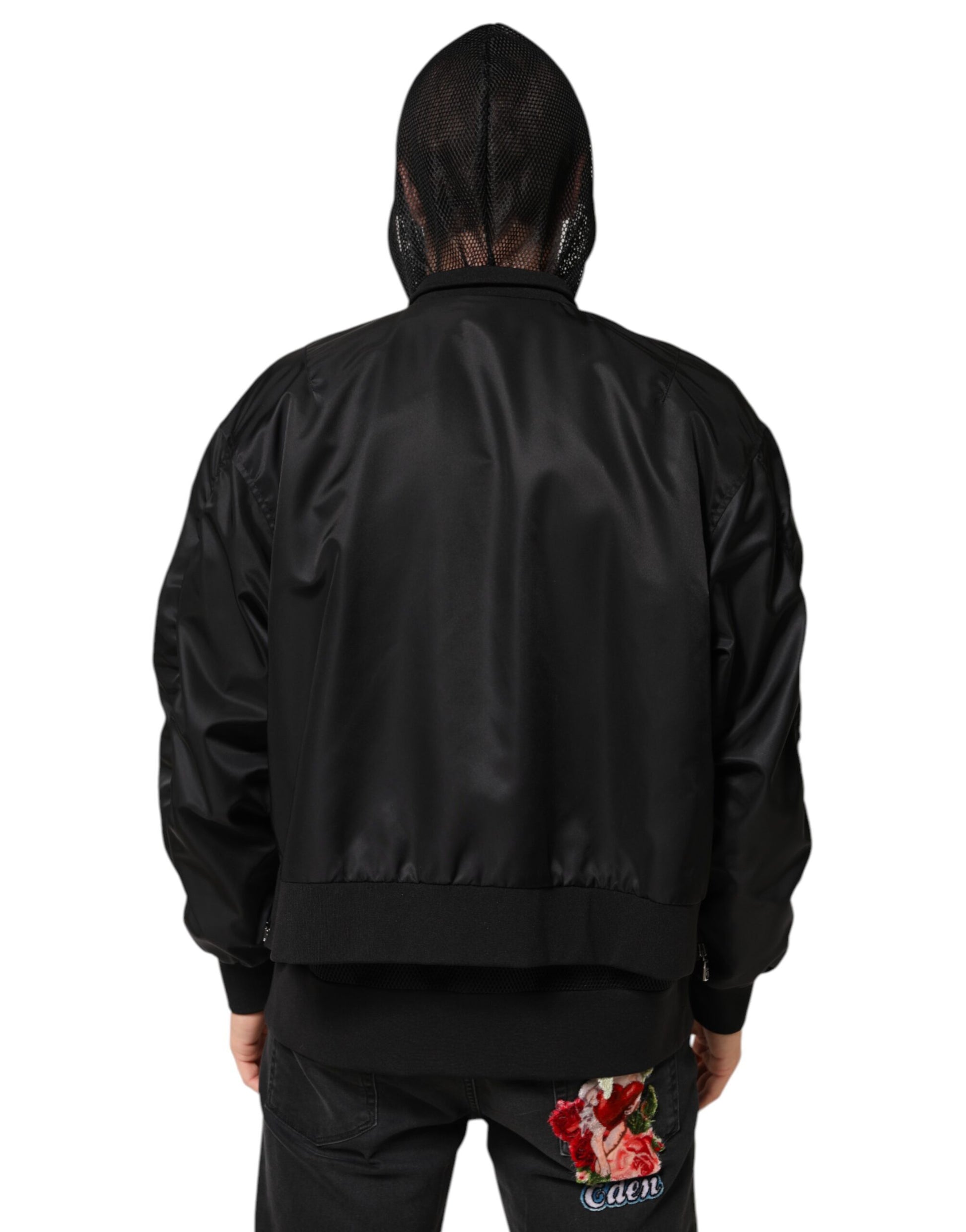 Black Nylon Hooded Full Zip Bomber Men Jacket