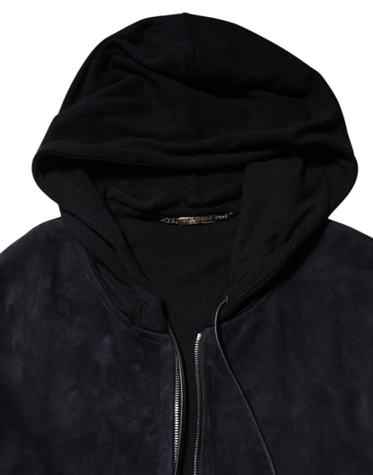 Black Leather Full Zip Hooded Blouson Jacket