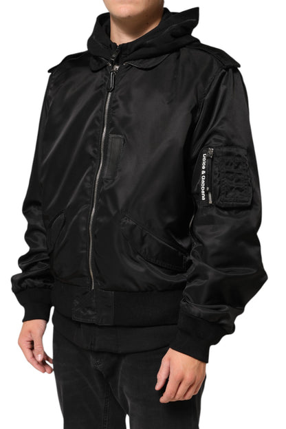 Black Cotton Hooded Full Zip Bomber Jacket