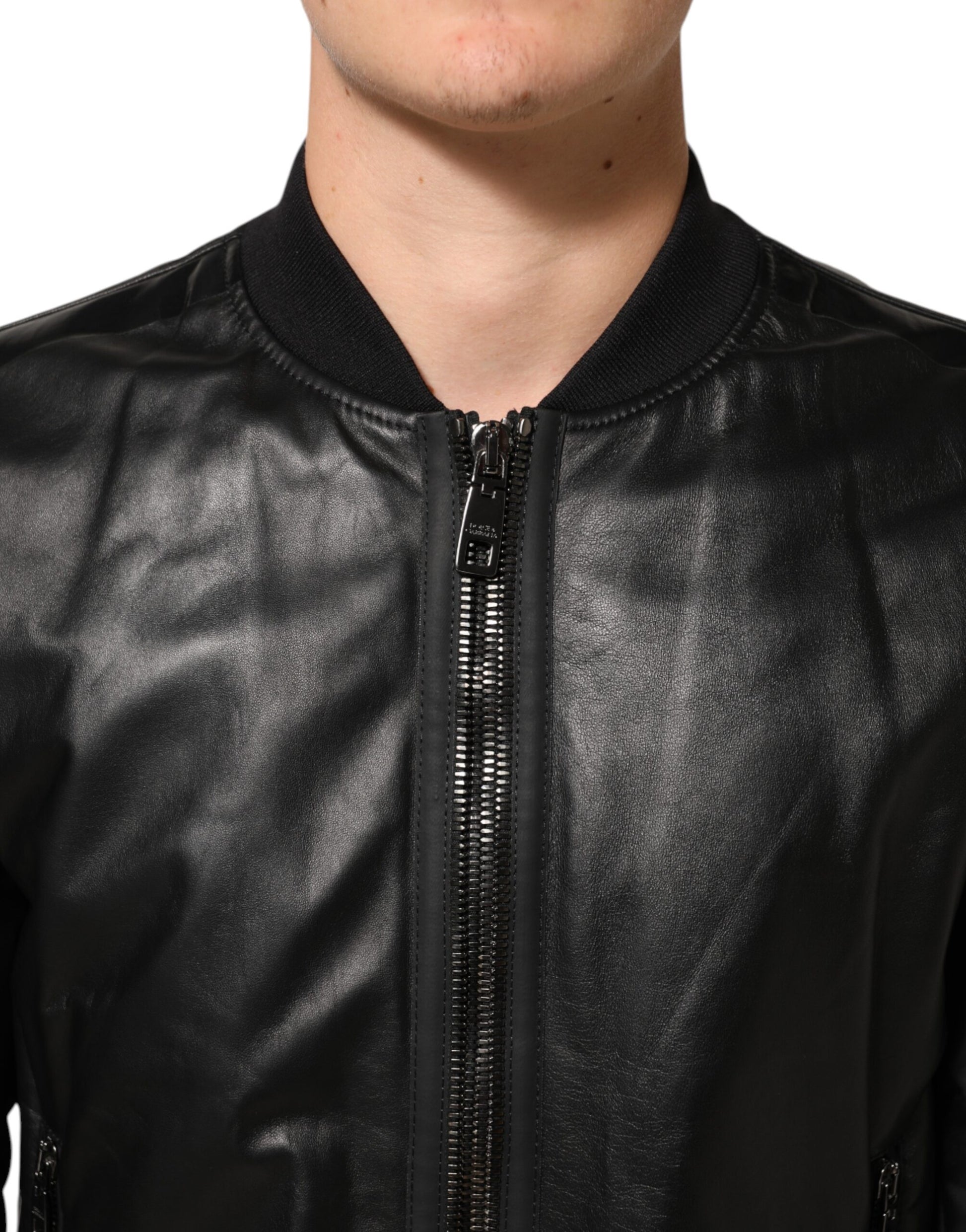 Black Leather Nylon FullZip Blouson Jacket