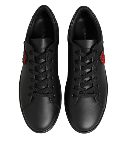 Black Leather Crystal Heart Sneakers  Shoes