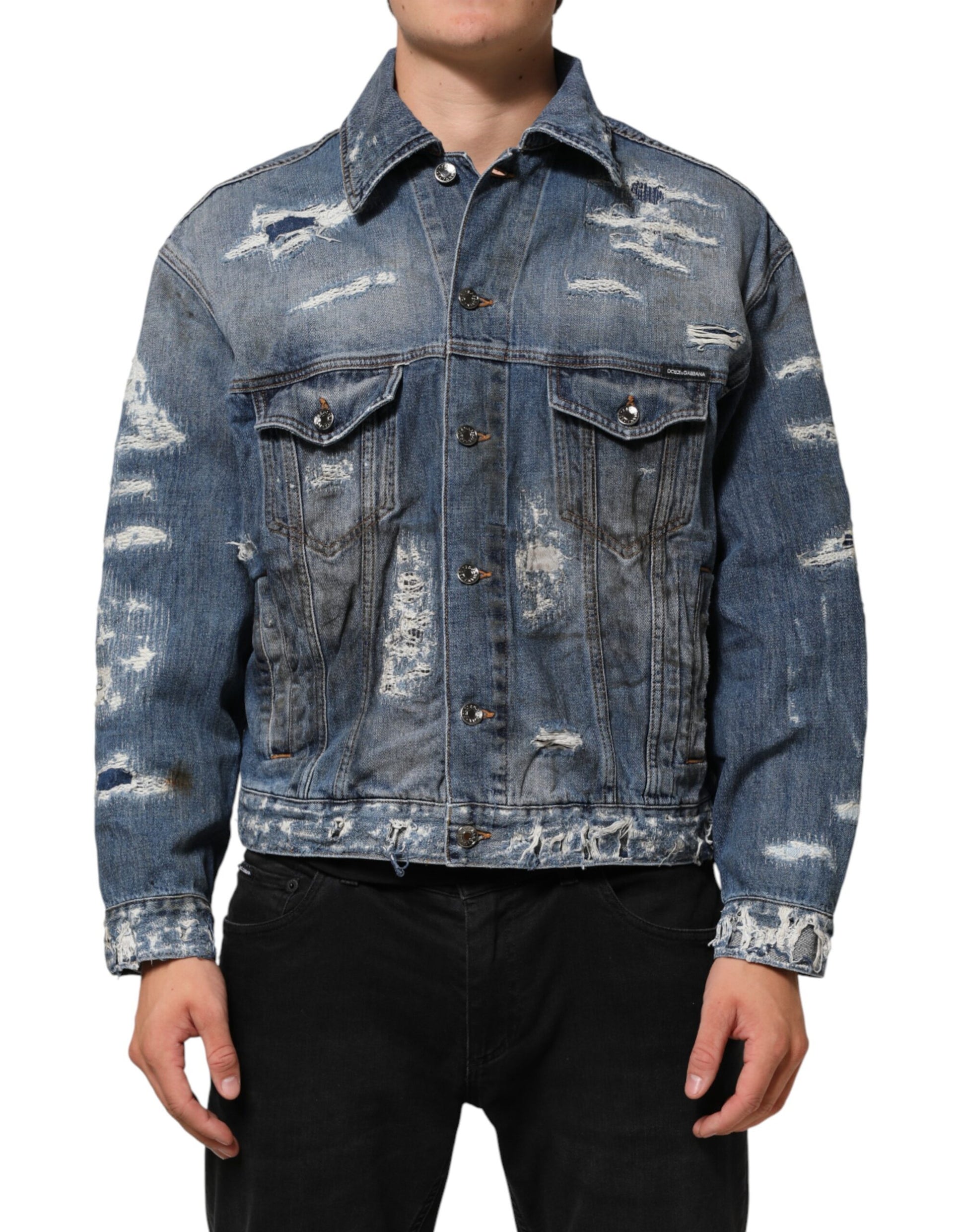 Blue Cotton Tattered Denim Blouson Jacket