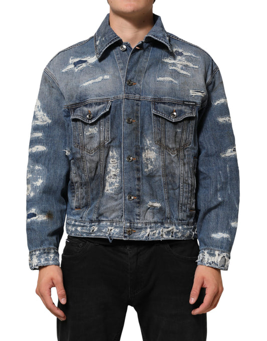 Blue Cotton Tattered Denim Blouson Jacket