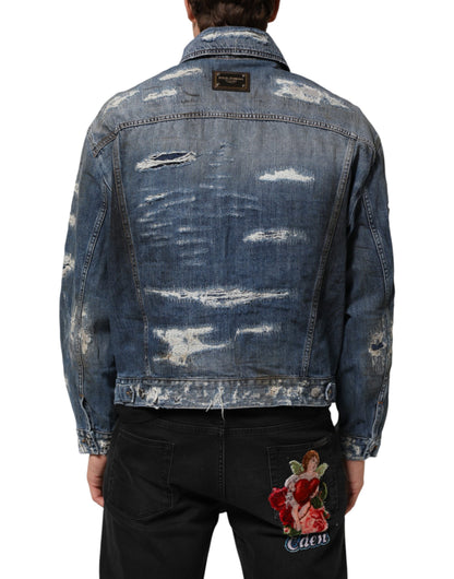 Blue Cotton Tattered Denim Blouson Jacket
