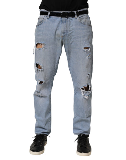 Blue Cotton Distressed Slim Fit Denim Jeans