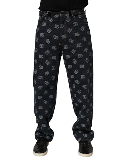 Blue Logo Print Straight Denim Men Jeans