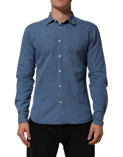 Blue Cotton Slim Fit Collared Long Sleeve Casual Shirt