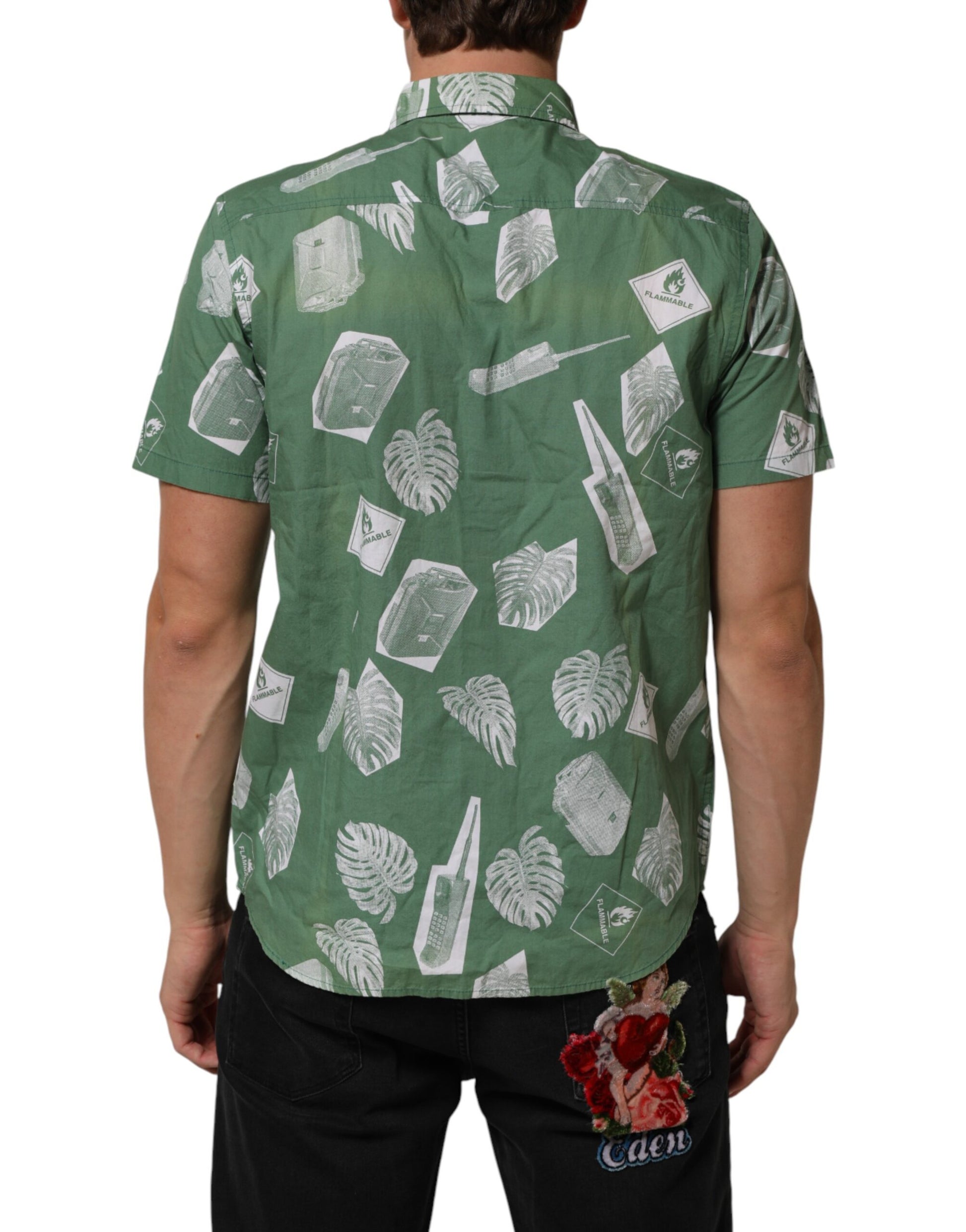 Green Printed Cotton Collared Short Sleeves Polo Shirt