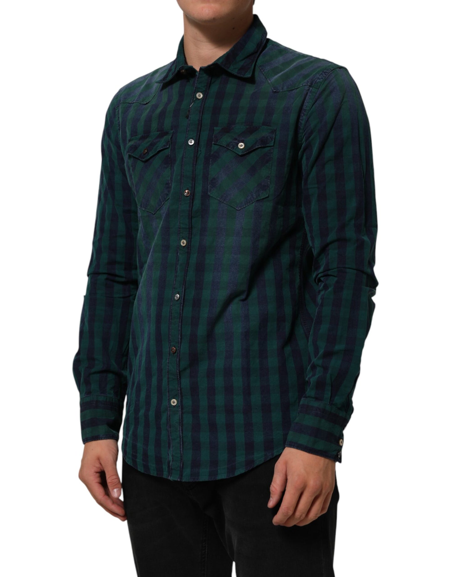 Green Checkered Cotton Button Down Long Sleeves Shirt