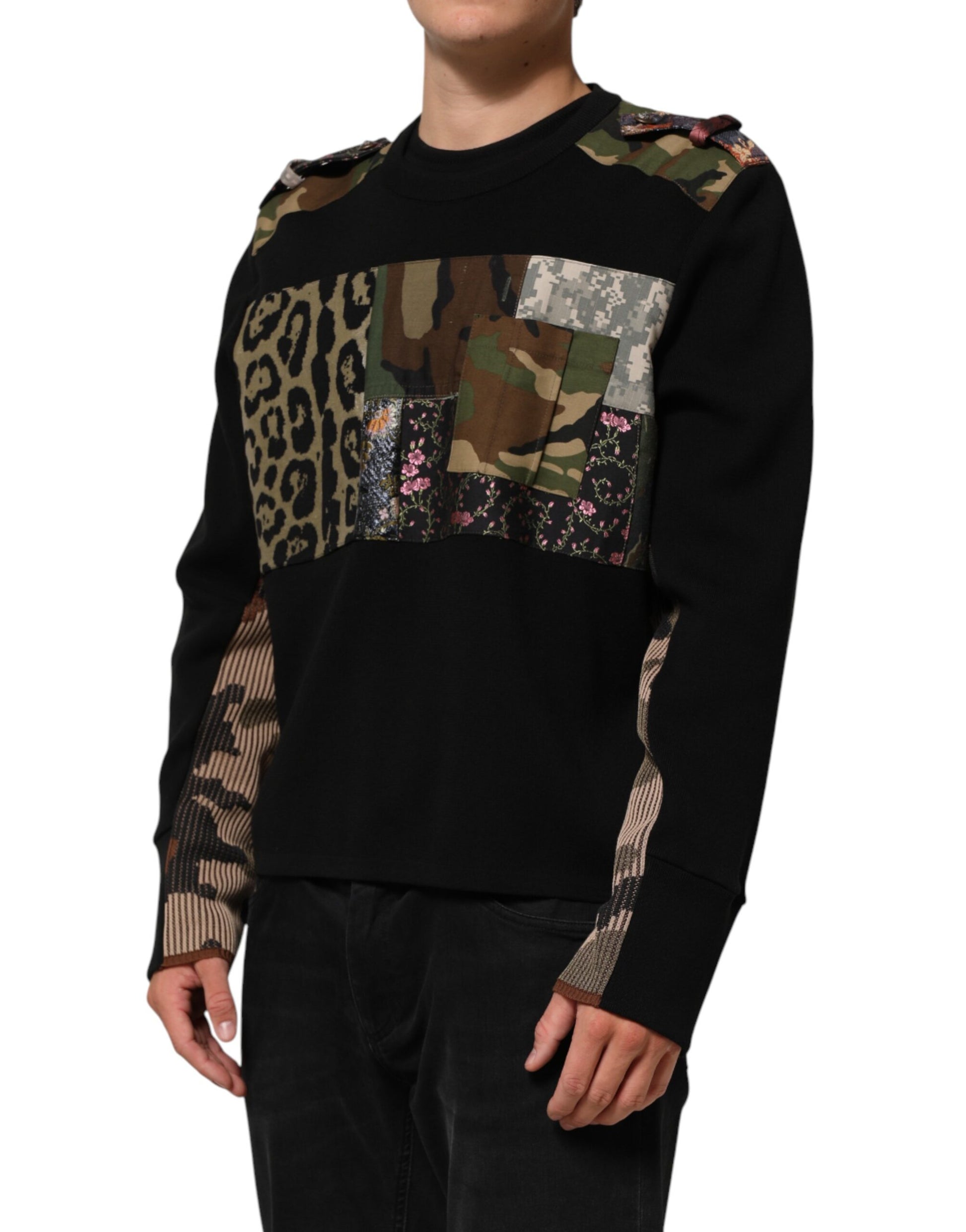 Black Patchwork Crew Neck Pullover Sweater