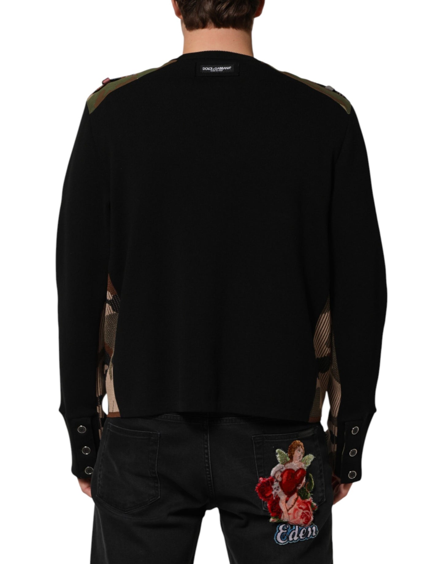 Black Patchwork Crew Neck Pullover Sweater