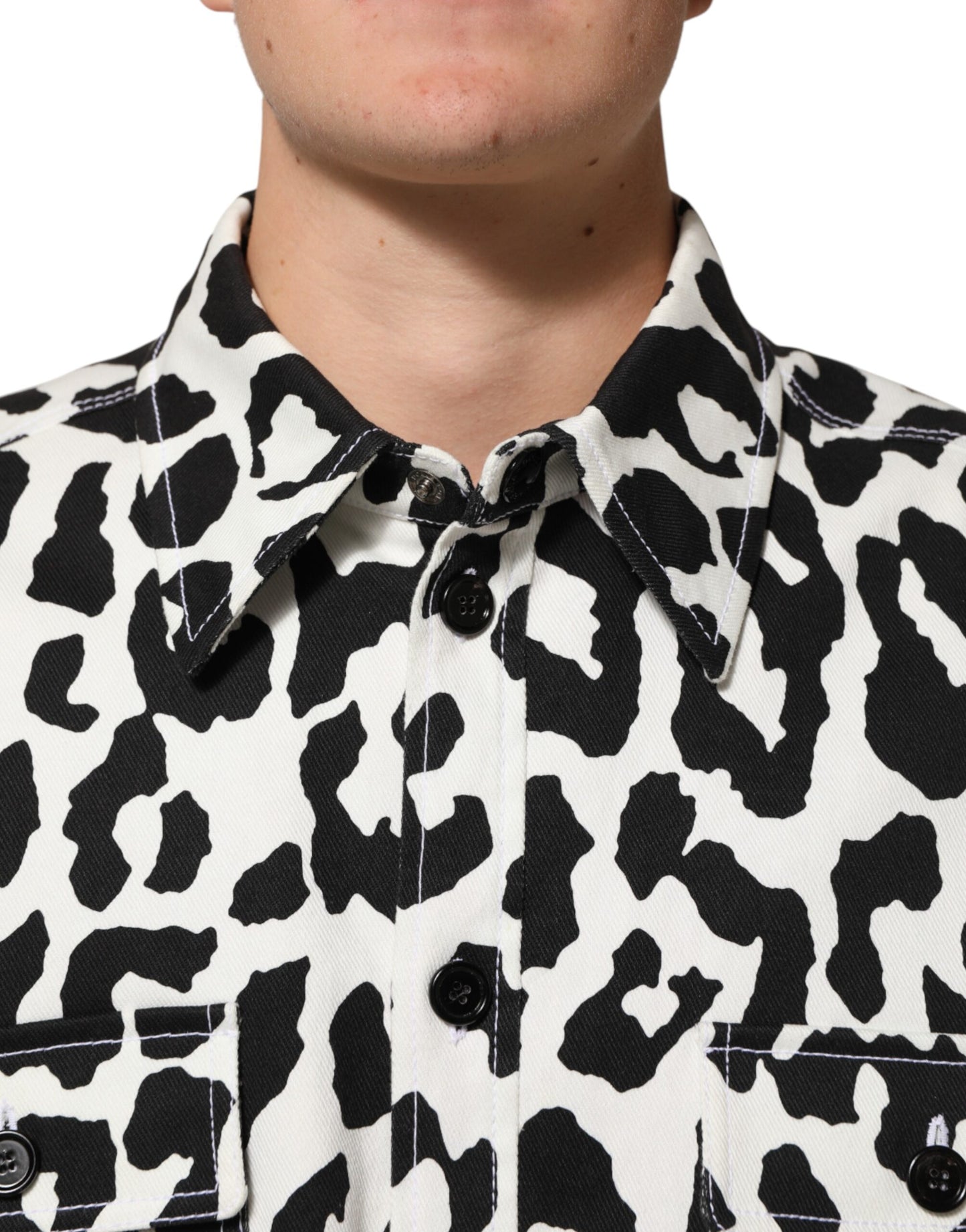 Black White Leopard Denim Blouson Sweater