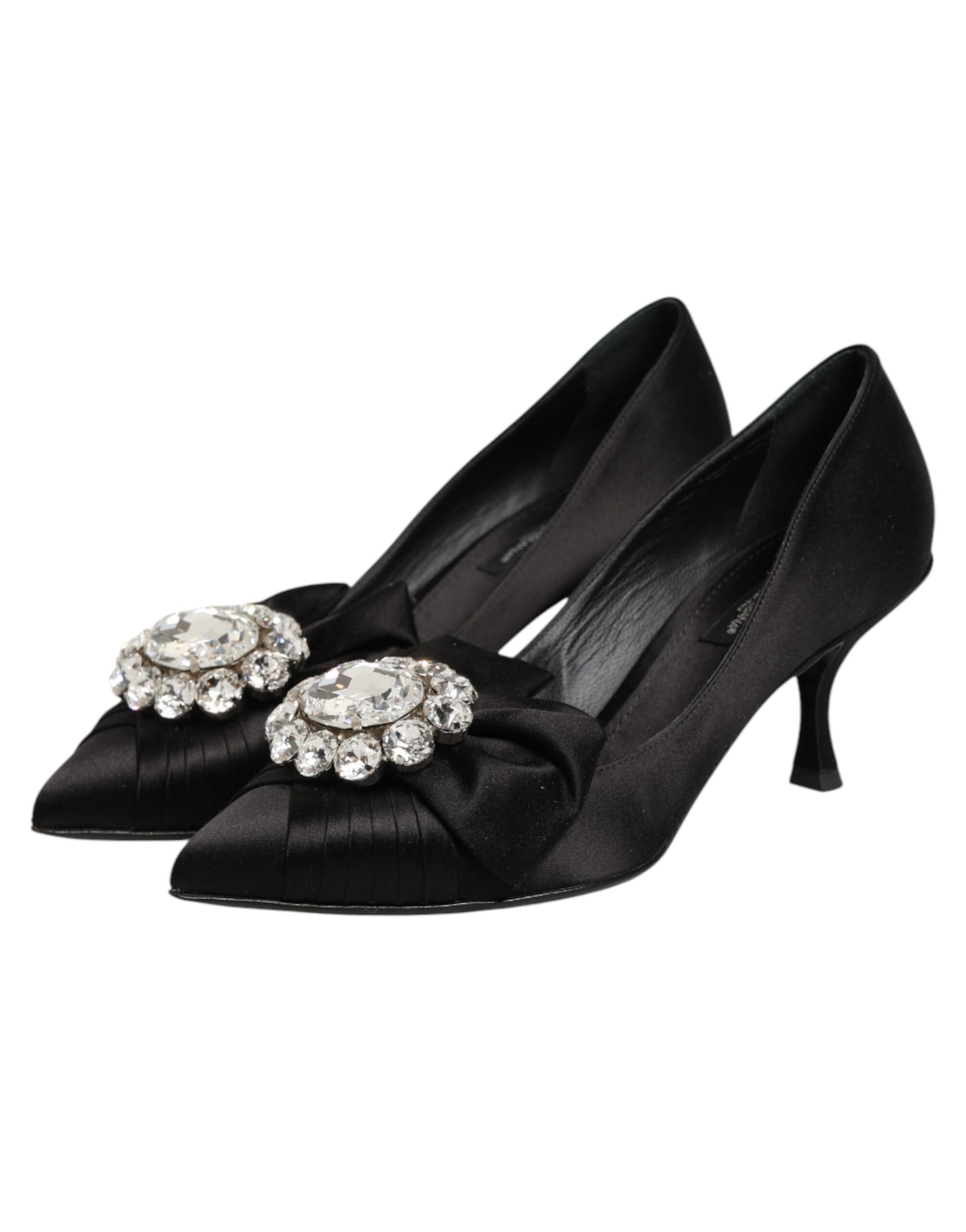 Black Satin Bow Crystal Embellishment Pumps Shoes
