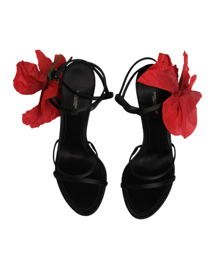 Black Leather Strappy Flower Heels Sandals  Shoes