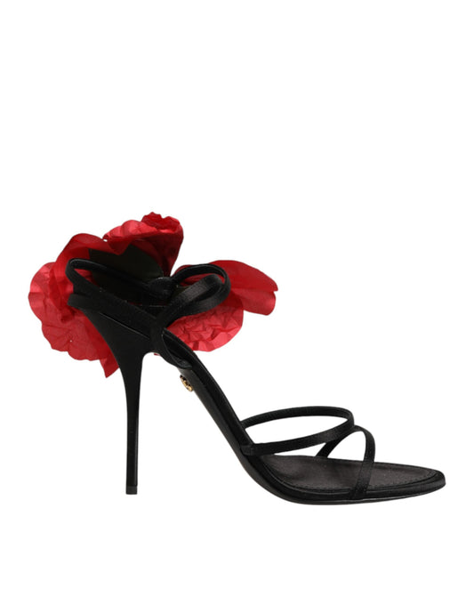Black Leather Strappy Flower Heels Sandals  Shoes