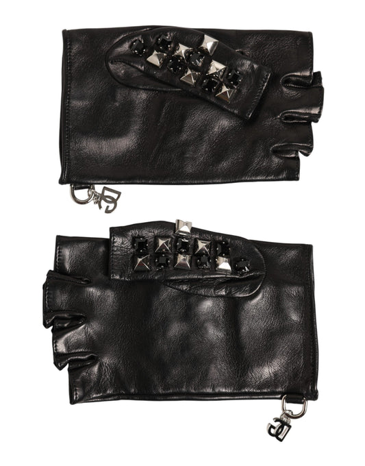 Black Leather Studded Fingerless Hand Mitten Men Gloves