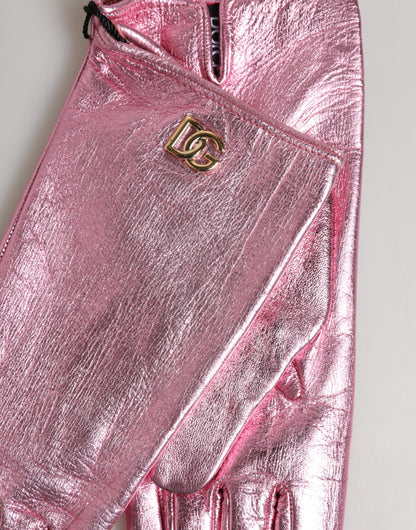 Pink Leather DG Logo Wrist Length Mitten Gloves