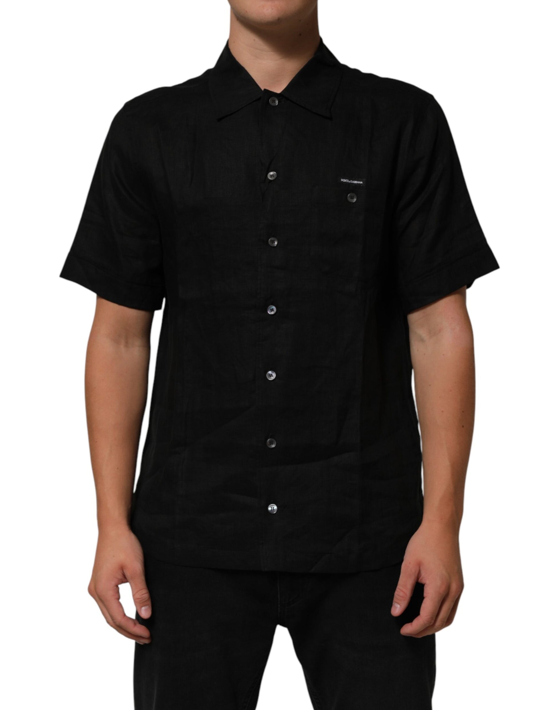 Black Linen Collared Short Sleeve Polo Shirt
