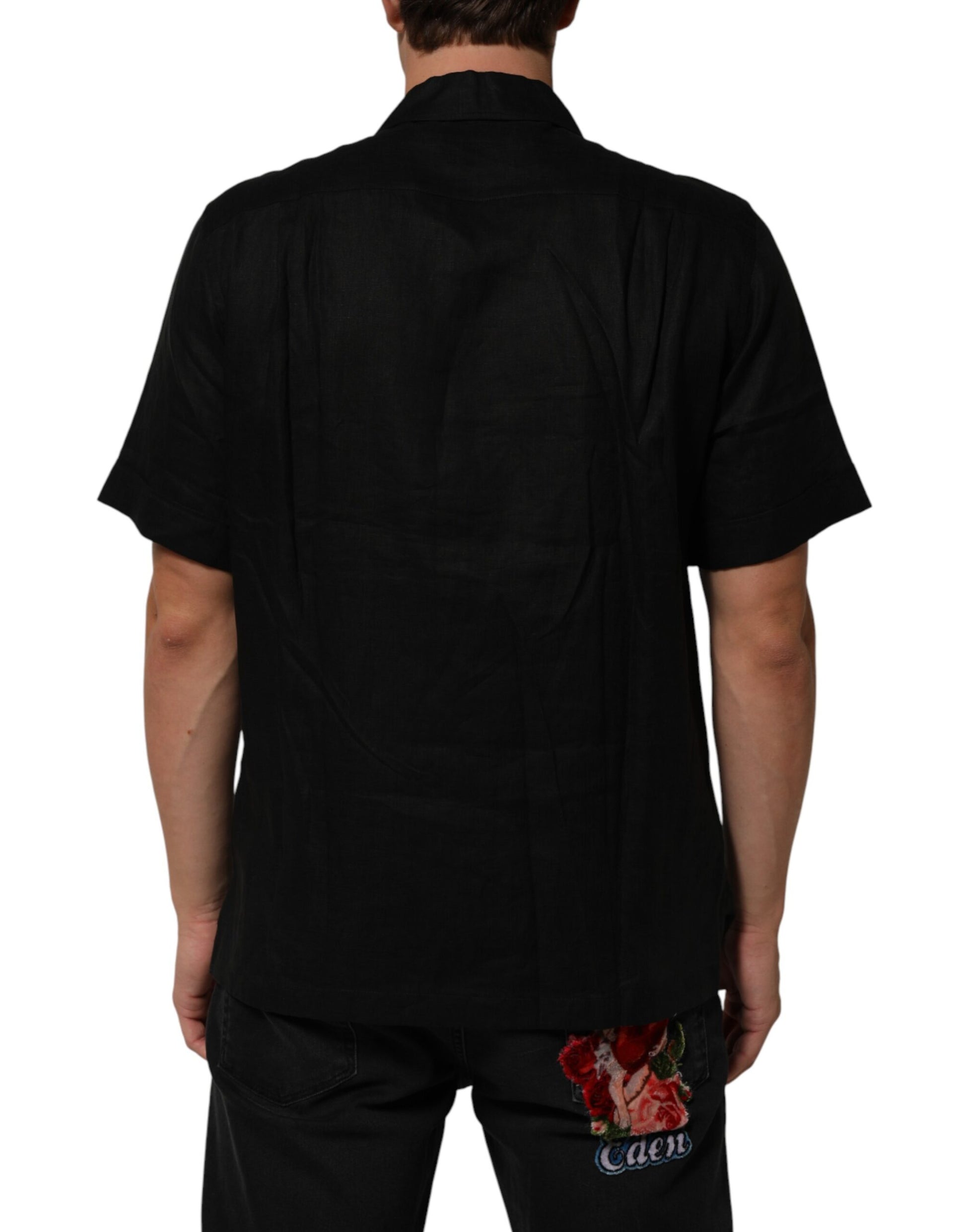 Black Linen Collared Short Sleeve Polo Shirt