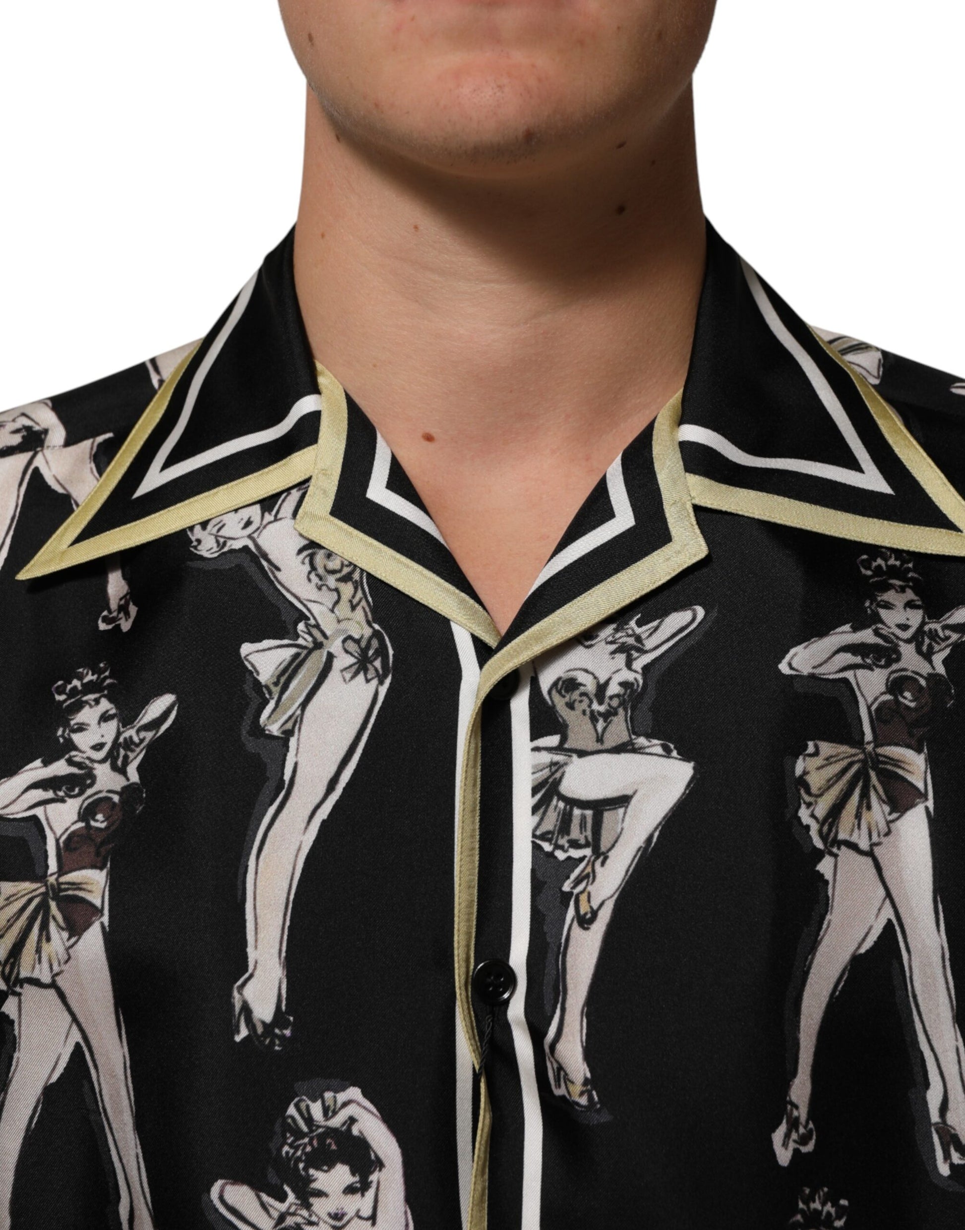 Black Silk Pin Up Printed Button Down Shirt