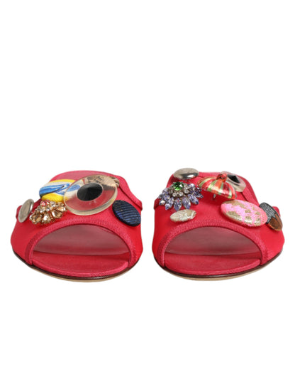 Red Embellished Flats Slip On Sandals Shoes