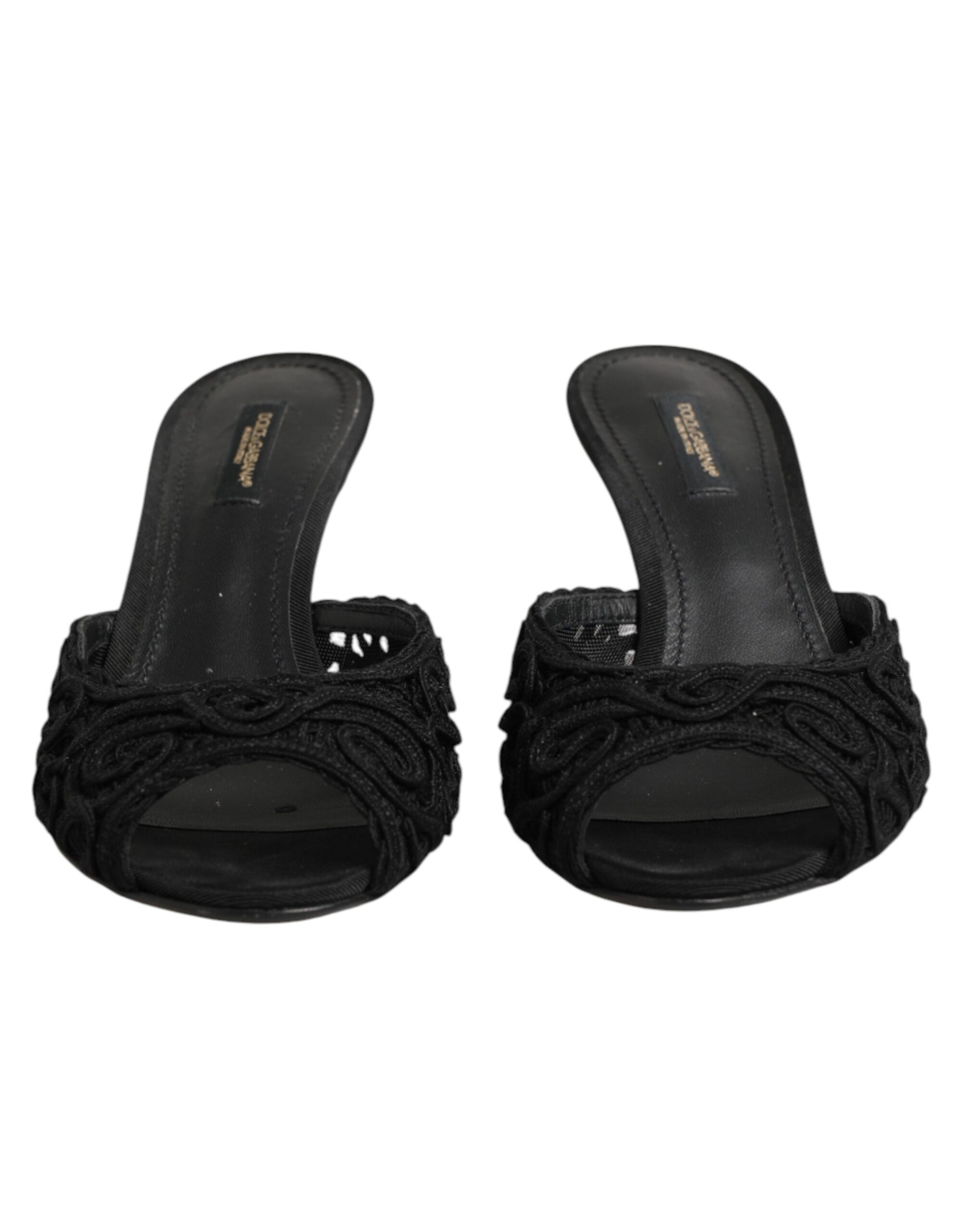 Black Embroidered Slip On Heels Slides Shoes