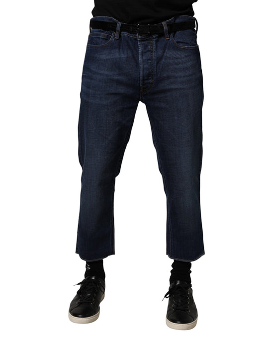Blue Mid Waist Cotton Men Cropped Denim Jeans