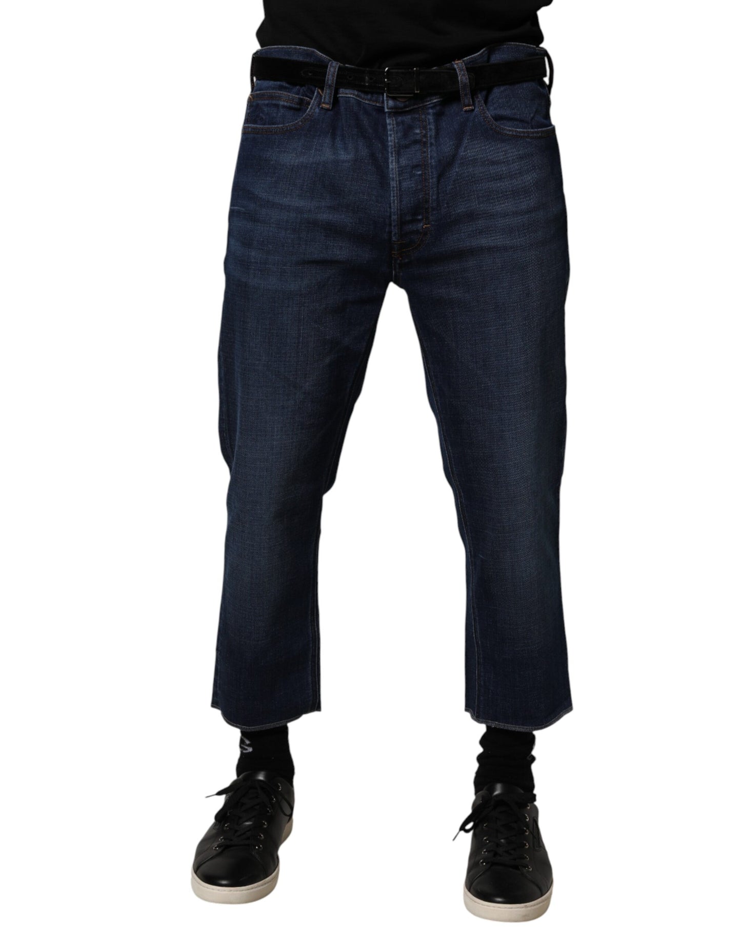 Blue Mid Waist Cotton Men Cropped Denim Jeans