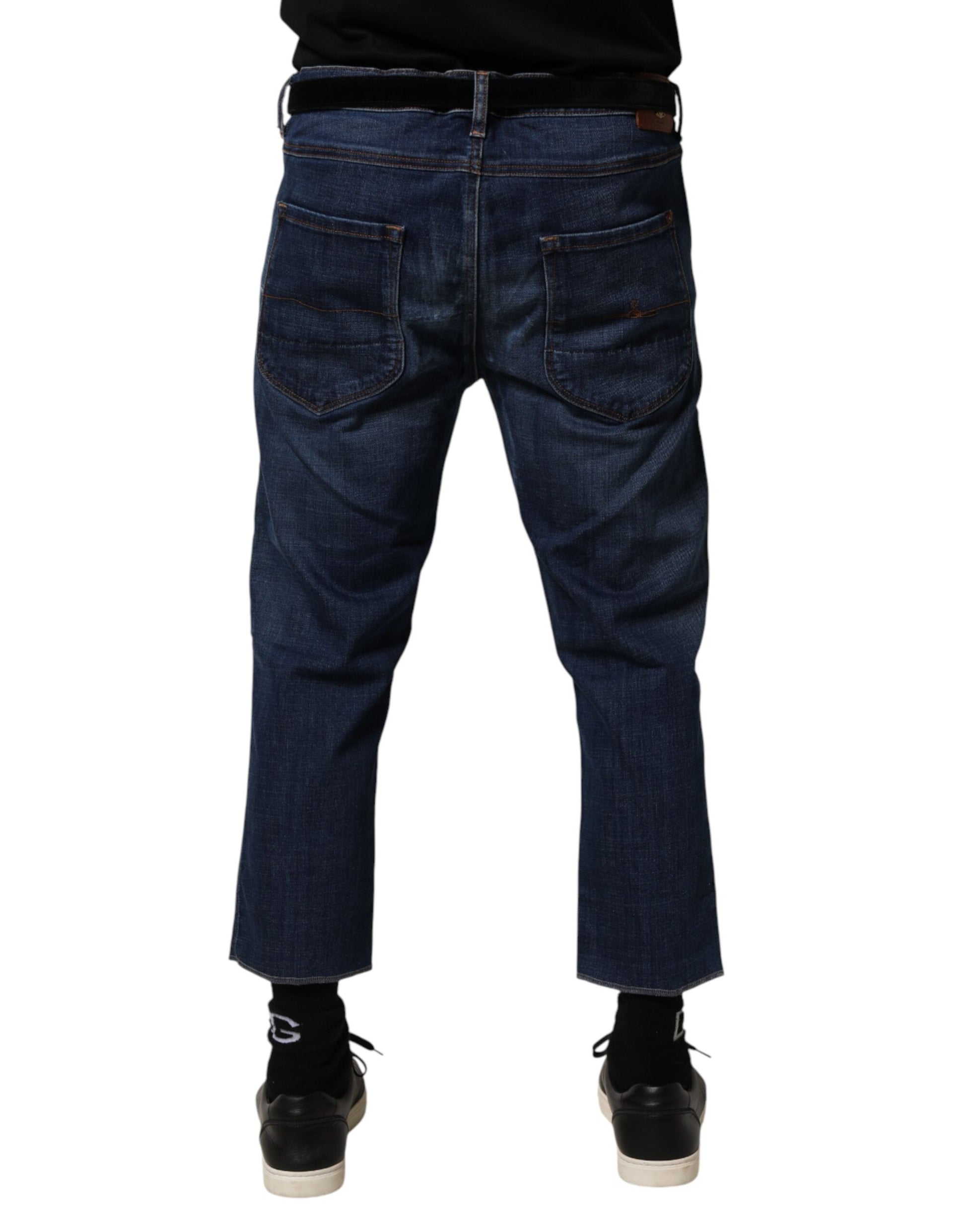 Blue Mid Waist Cotton Men Cropped Denim Jeans