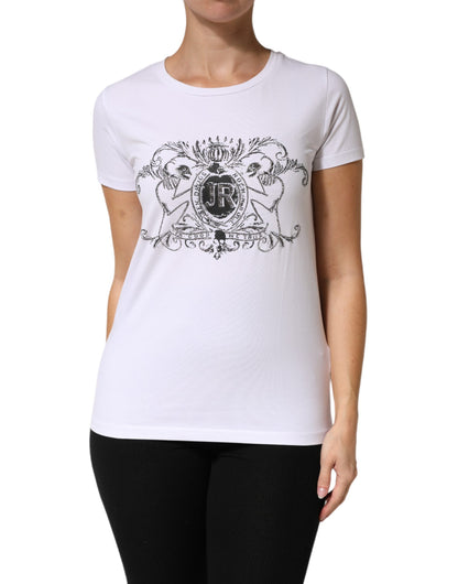White Printed Cotton Stretch Crew Neck T-shirt